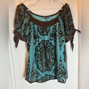 Vintage Y2K Hale Bob Silk Velvet Beaded Burnout Turquoise Brown
Blouse Top Small